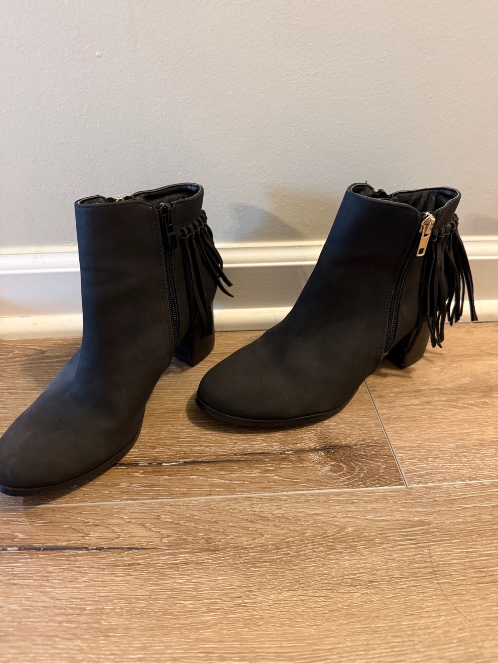 Fringe Accent Black Ankle Booties with Side Zip